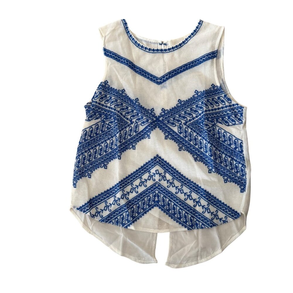 Love Sam Embroidered White & Blue Sleeveless High-Low Top XS Cotton